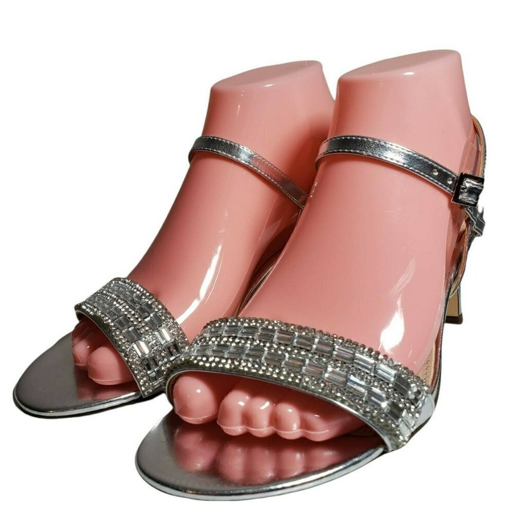 Nina Womens Silver Open Toe Slingback Buckle Open Toe Heels Sandals Size 7.5 M